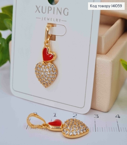 Кулон "СЕРЦЯ" з Червоною емаллю та Блискучими камінцями, 2,1см, Xuping 18К 141059 фото 1