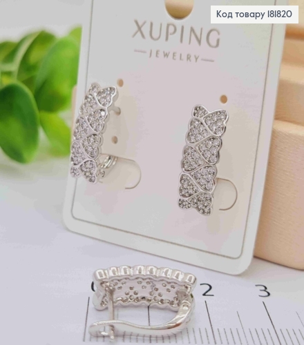 Серьги Прямоугольные с Сердцами и Блестящими камнями, 1,7см, англ. застежка, XUPING 181820 фото 1