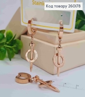 Сережки кільця (1см), мідного кольору, стилізовані під Картьє, 3,5см, сталь Stainless Steel 260178 фото