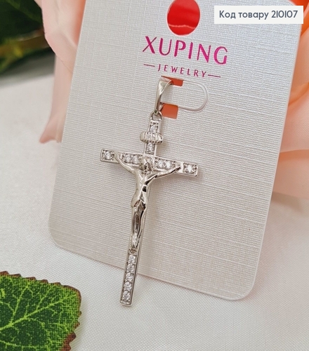 Хрестик родированый с распьятием и камнями, 3,5*2см, Xuping  210107 фото 1