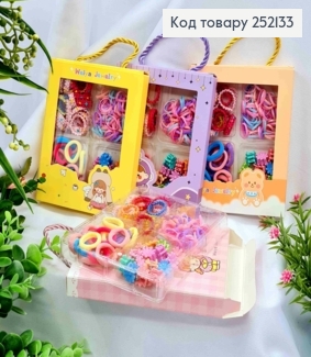 Набір дитячих : резинки Мікрофібра/ Шнурок/ Силіконова +  Крабіки "Квітка", Яскраві кольори в асорти 252133 фото