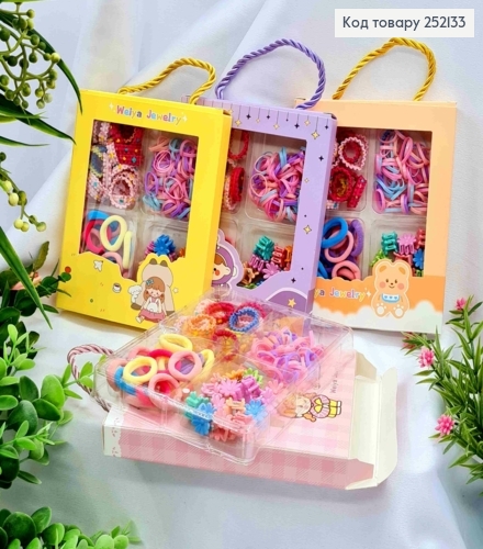 Набір дитячих : резинки Мікрофібра/ Шнурок/ Силіконова +  Крабіки "Квітка", Яскраві кольори в асорти 252133 фото 1