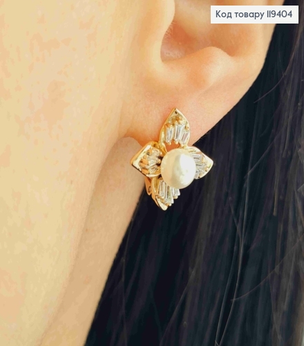 Серьги "Цветочек" с Жемчужиной Камешками, 1,6см, английская застежка, Xuping 18К 119404 фото 1