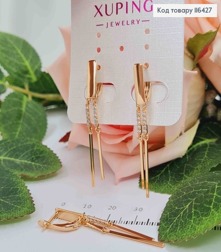 Серьги пластинки с подвесками нитями, с камешками, 4см, англ. зам. Xuping 18K 116427 фото 2