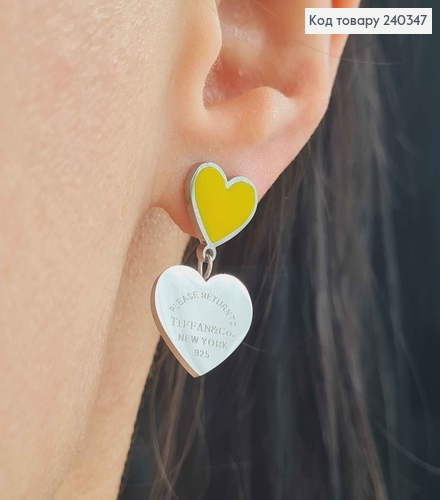 Серьги гвоздики, с подвесками сердечками, с желтой эмалью, серебряного цвета,  сталь Stainless Steel 260009 фото 2