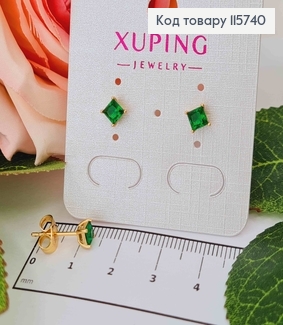 Серьги гвоздики, с ЗЕЛЕНЫМ квадратным камнем, 4мм. Xuping 18K 115740 фото