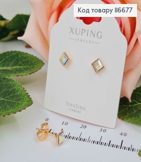 Серьги гвоздики, квадратики с перламутровым камешком Сваровски, 5мм, Xuping 18K 116677 фото