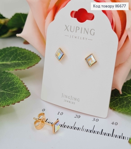 Серьги гвоздики, квадратики с перламутровым камешком Сваровски, 5мм, Xuping 18K 116677 фото 1
