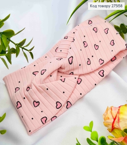 Пов'язка чалма дитяча, РОЖЕВОГО кольору з принтом "Серце", діаметр 36*9см, ручна робота, Україна 275158 фото 1