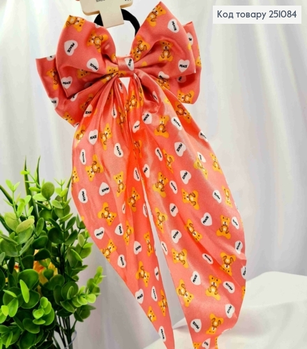 Бант РОЖЕВОГО кольору з принтом Ведмедики, на резинці 4см, тканина атлас, розмір 15*30см 251084 фото 1