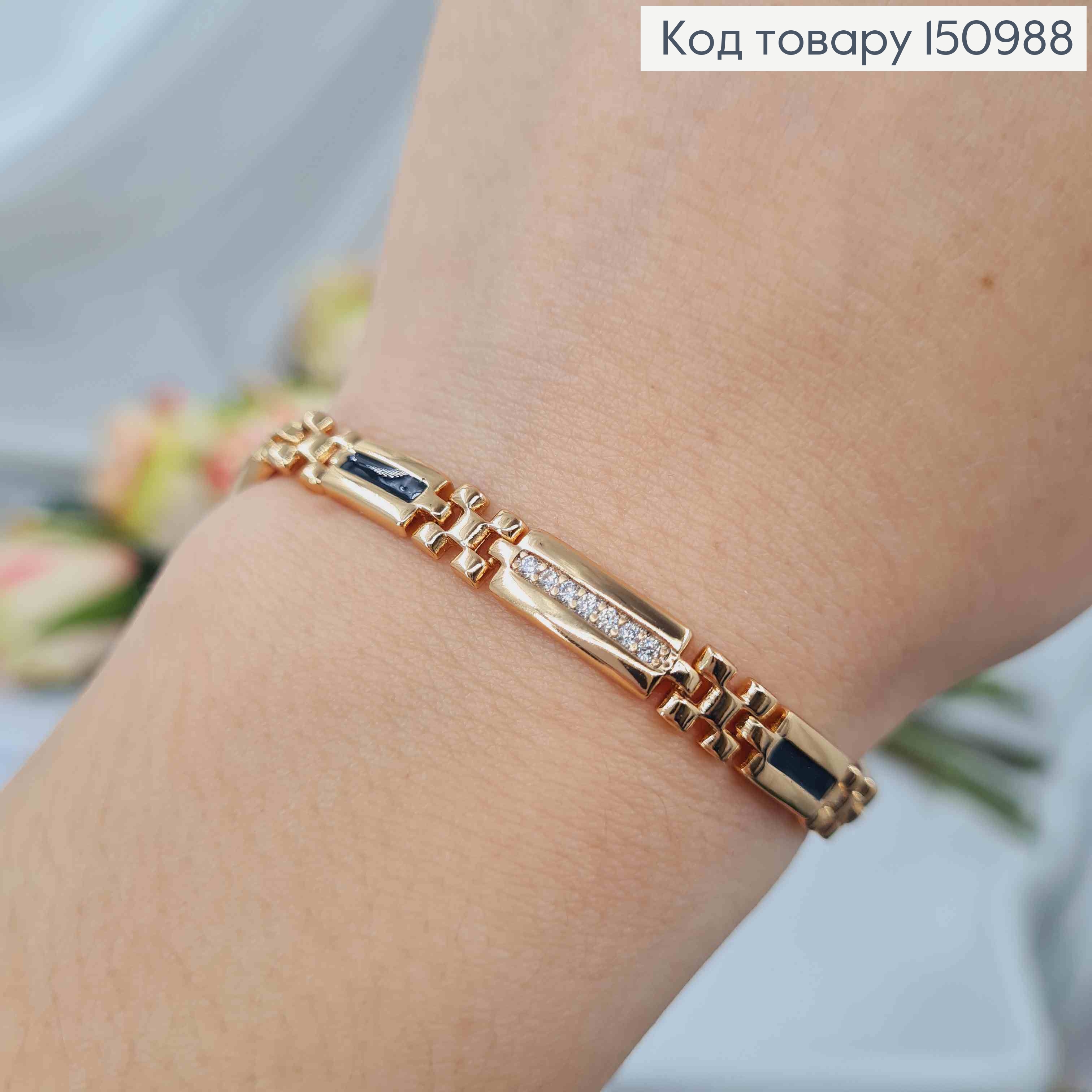 Браслет плетения пластинками украшенными Черной эмалью и блестящими камешками, 17+2см, Xuping 18K 150988 фото 2