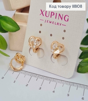 Серьги кольца "Двойное Сердце" с Блестящими камешками, диаметр 1,1см, Xuping 18К 118108 фото