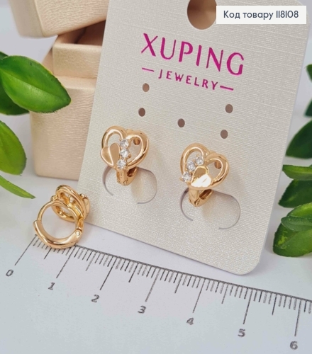 Серьги кольца "Двойное Сердце" с Блестящими камешками, диаметр 1,1см, Xuping 18К 118108 фото 1