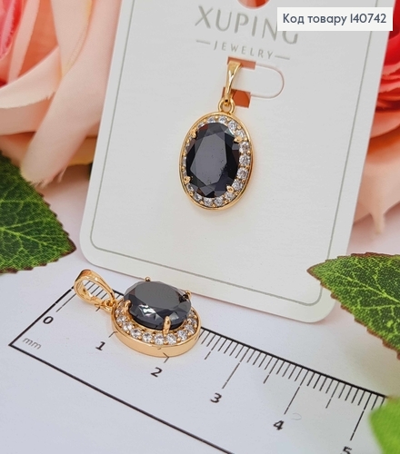 Кулон с черным камешком в оправе из мелких камешков, 1,5см, Xuping 18K. 140742 фото 1