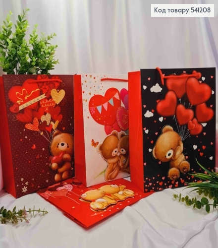 Пакет бумажный с 3D наклейкой "Медвежонок с Воздушными шариками", 32*26*10см, в ассортименте 541208 фото 1