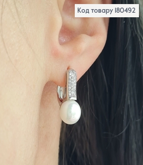 Серьги родированые с жемчужинкой и камнями Xuping   180492 фото