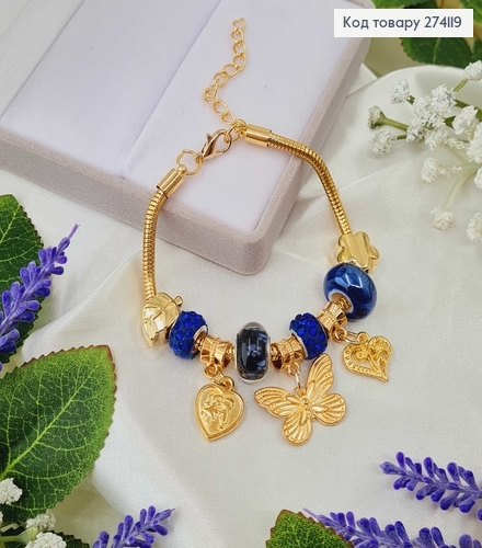 Браслет под Пандору, золотого цвета, с синими бусинами, 15,5см+4см. 274119 фото 1