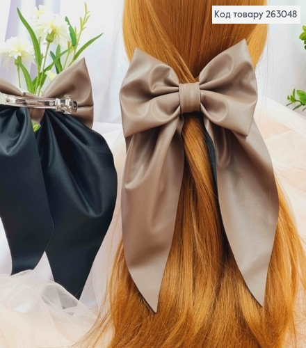 Бант из эко-кожи КОРИЧНЕВЫЙ на заколке автоматик, размер 15*14см., Украина 263048 фото 1