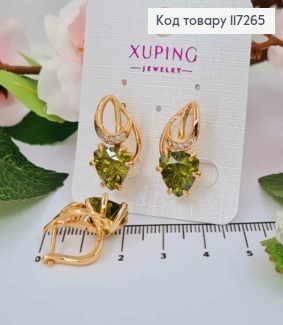 Серьги с большим фисташковым камнем и витком с камешками, длина 2,2см, англ. застежка XUPING 18K 117265 фото