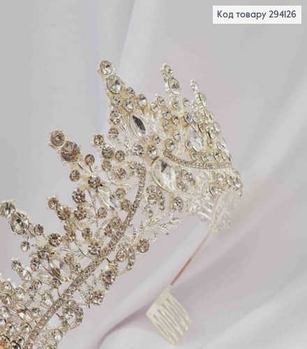 Диадема "Сказочная" с блестящими камнями, серебряного цвета, самая высокая точка 7см 294126 фото 2