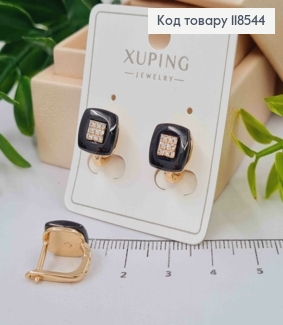 Сережки "Квадратні" прикрашені Чорною емаллю та Блискучими камінцями, 1см, англ. застібка,Xuping 18К 118544 фото