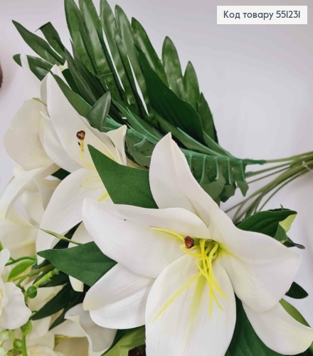 Композиция "Букет БЕЛЫХ лилий", (10 лилий+ другие белые цветочки и приложения), высотой 50см 551231 фото 3