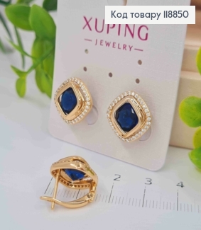 Серьги "Глаза Сфинкса" с Темно-Синим камнем в оправе из камешков, 1,4см, англ. застежка, Xuping 18К 118850 фото