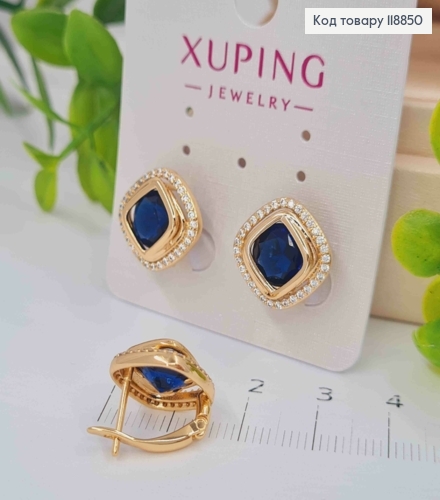 Серьги "Глаза Сфинкса" с Темно-Синим камнем в оправе из камешков, 1,4см, англ. застежка, Xuping 18К 118850 фото 1