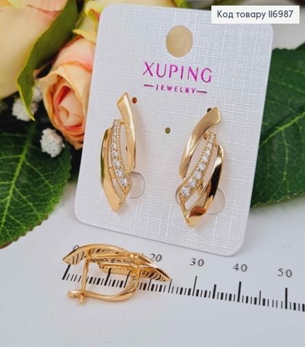 Серьги пластинки, удлиненные, с линией камешков, 2,5см, англ. зам, Xuping 18K 116987 фото 2