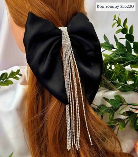 Бант Роскошный, ЧЕРНИЙ, атласный, декорированный камнями 20см, на заколке автоматик, размер 16*16см. 255220 фото 3