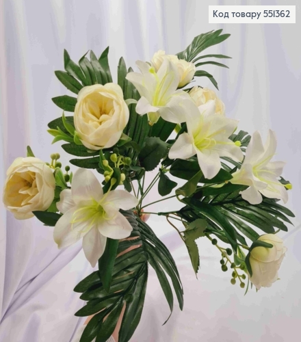 Искусственная композиция Розы с лилиями, цвета Айвори, 9 веток с цветами на металлическом стержне, 36см. 551362 фото 2