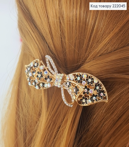 Заколка автомат золотой бантик с камнями 222045 фото 1