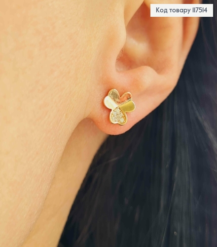 Серьги гвоздики, "Трилистник" с Блестящими камешками, 0,9см, XUPING 18K 117514 фото 2