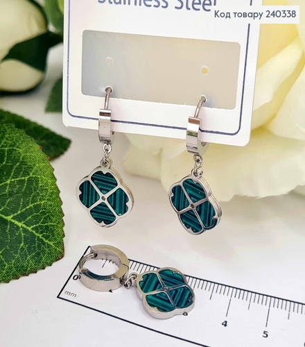 Серьги кольца 1cм, четырехлистник с зеленой полосатой эмалью, Сталь Stainless Steel 240338 фото 1
