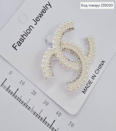 Брошь металл серебряна Шанель с камнями и жемчугом 235020 фото 1