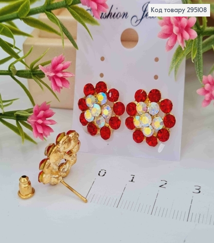 Серьги гвоздики, "Роскошные Цветы", с КРАСНЫМИ камушками 295108 фото 1