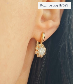 Серьги Цветочек с Одним большим и маленькими камешками, длина 1,9см, англ застежка, Xuping 18К 117329 фото