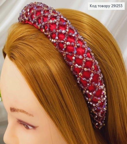 Обруч модный плетеный стиклярусом и бисером, КРАСНЫЙ цвет, ширина 3,5см. 291253 фото 1