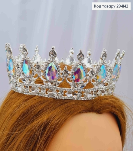 Корона под серебро, с перламутровыми камнями, диаметр 13см, высота 5см (можно на торт) 294142 фото 1