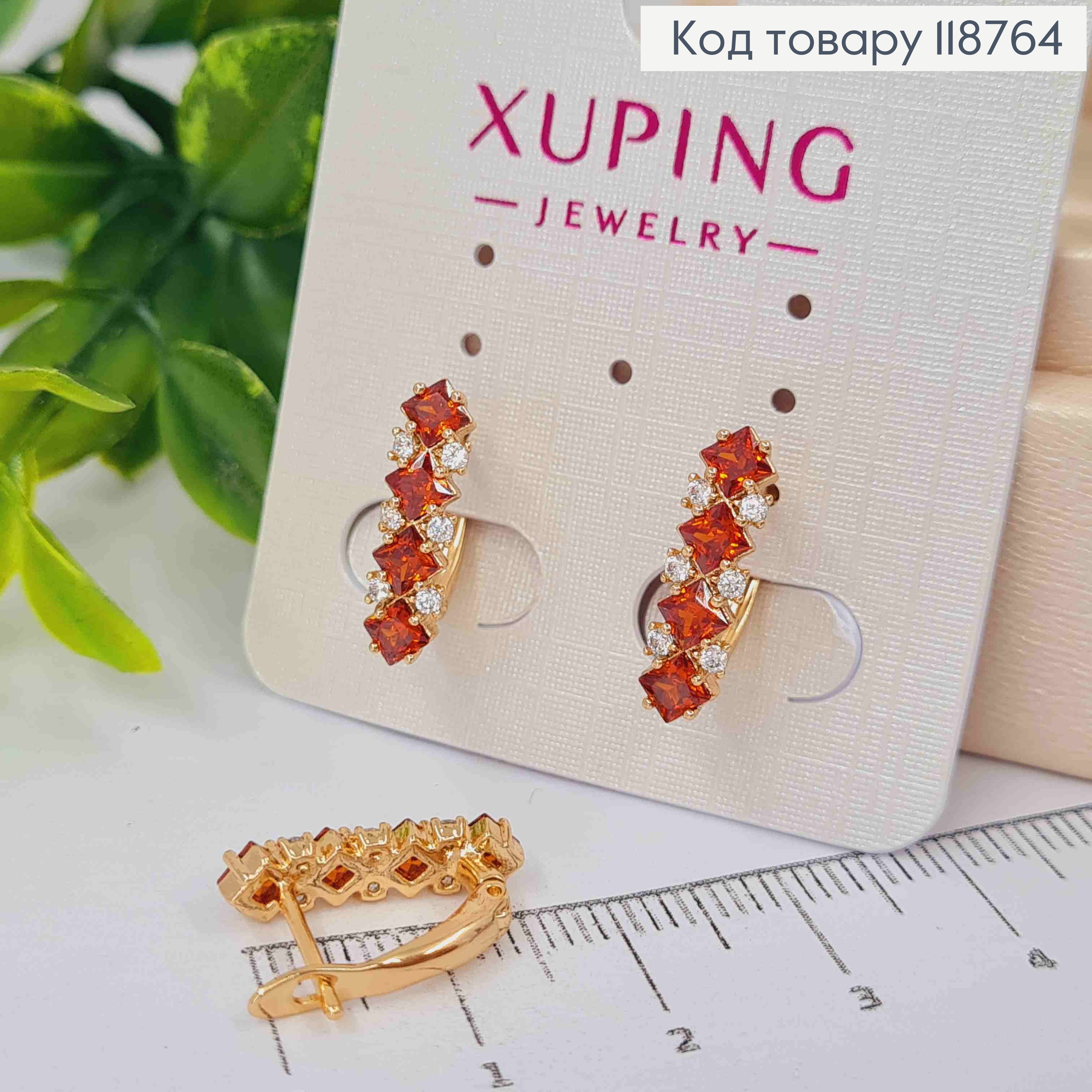 Серьги "Кетлин" с украшенными Красными камешками, 1,7см, английская застежка, Xuping 18k. 118764 фото 2
