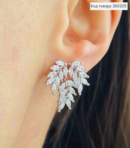 Сережки гвіздки срібного кольору, "Гілочка" в Блискучих камінцях (1,9см),сталь XianGuang 260205 фото 1
