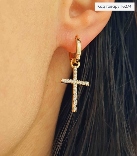 Сережки кільця 1см, з підвісками Хрестиками в камінцях, 2*1,3см, (трансформ.) Xuping 18К 116274 фото 2