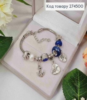 Браслет "ПАНДОРА" с Синим шармиком и подвесками (Сердца-Якир), серебряного цвета, бижутерия. 274500 фото