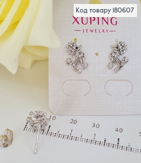 Серьги гвоздики 1.3 см Пудель в камнях с родием 180607 фото