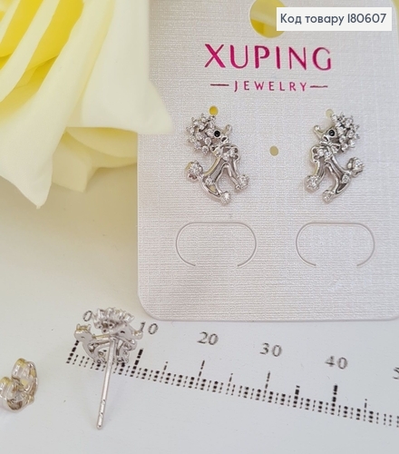 Серьги гвоздики 1.3 см Пудель в камнях с родием 180607 фото 1