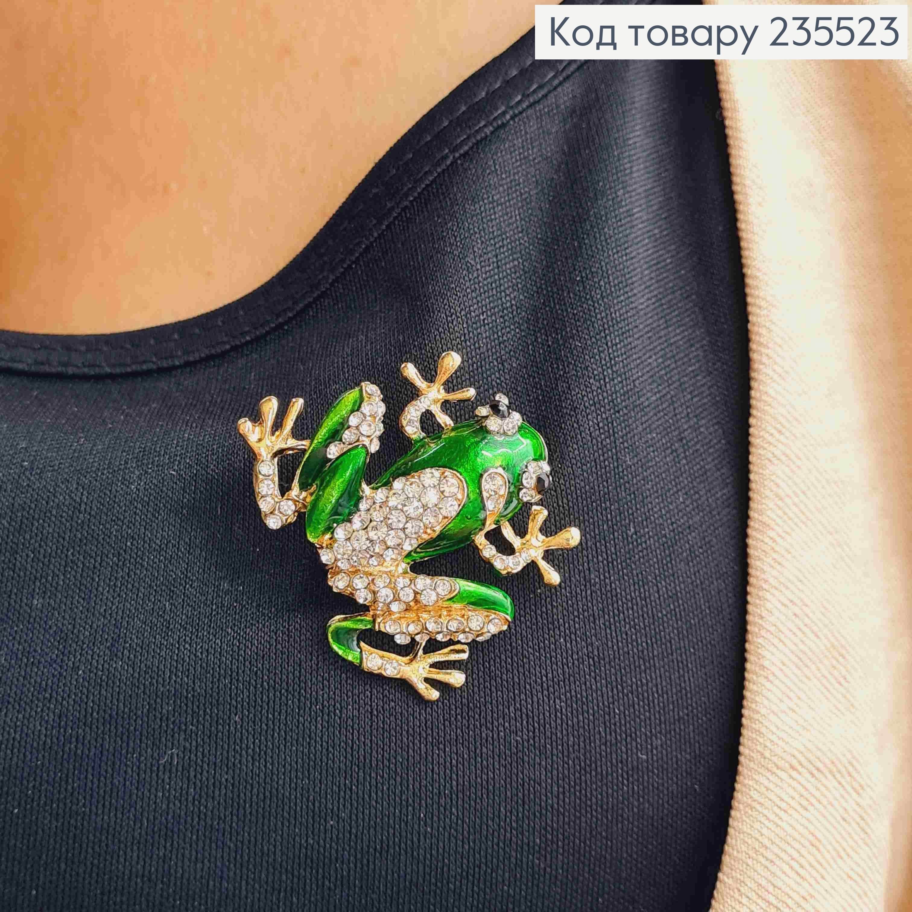 Брошь металл "Зеленый Лягушонок" украшена Блестящими камешками, 3,5*3см, Золотого цвета 235523 фото 2