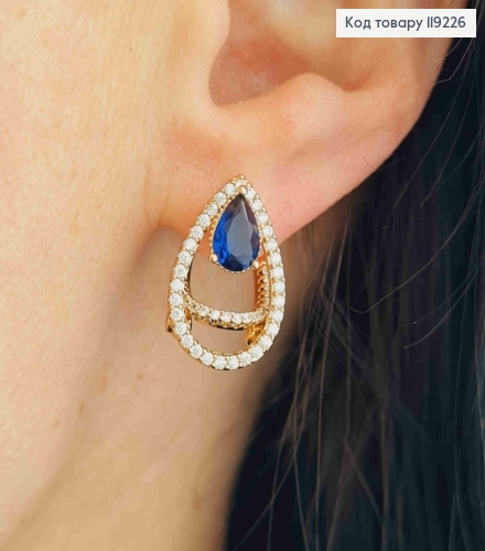 Сережки "Краплинки" з Синім каменем, 1,8см, італіййська застібка,  Xuping 18K 119226 фото 1