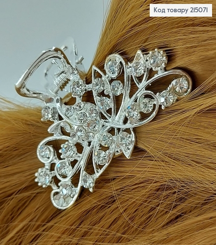 Краб металл Цветочек с листочками серебряный с камнями 215071 фото 2