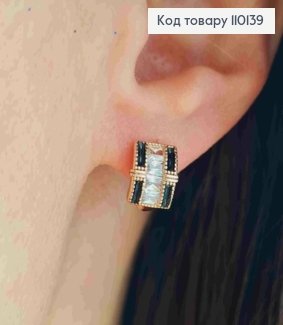 Сережки кільця з Чорною емаллю Блискучими камінцями, діаметр 1см, Xuping 18К 110139 фото