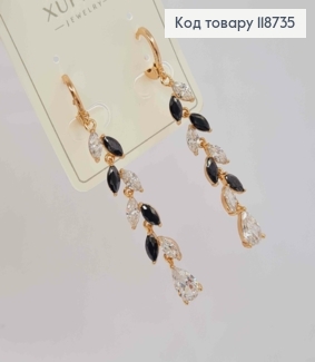 Серьги кольца (1,2см) с подвеской Веточка в Блестяще-Черных камнях (4,1см), Xuping 18K 118735 фото